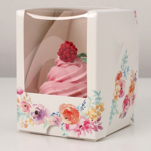 Коробка под 1 капкейк с окном "Цветы", 12*9,5*9,5см Коробка под 1 капкейк с окном "Цветы", 12*9,5*9,5см